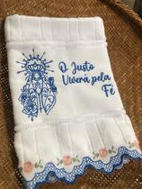 Toalha lavabo Batizado Nossa Senhora Aparecida com barrinha Azul Versículo