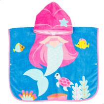 Toalha Poncho Roupão Piscina Sereia Capuz Menina infantil Rosa Algodão 24X33cm Praia Mar Peixe Buba