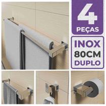 Toalheiro Duplo Inox 304 + Kit Acessórios Banheiro 80cm