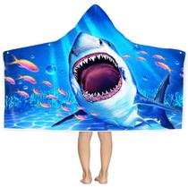 Toalla de Playa Tiburón, Toalla con Capucha para Niños, Toalla con Capucha de Peces del Océano para Niños 76 cm x 127 cm, Divertida Toalla de Baño Absorbente de Microfibra Suave Tipo Poncho para Natación y Piscina