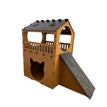Toca Casa Para Gato Em Mdf Dois Andares Casinha Caramelo Com Caminha e Rampa Com Carpete