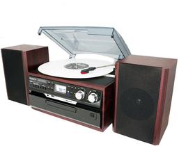 Toca-discos Bluetooth de estilo clássico Boytone BT-24DJM com AM/FM, tocador de CD/cassete, alto-falantes estéreo separados, gravação de vinil, rádio, cassete para USB com formato MP3, slot SD, USB, AUX.