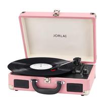 Toca-discos Jorlai T316 Bluetooth de 3 velocidades com bateria rosa