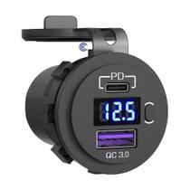 Tomada Carregador Veicular Universal 12/24V USB-A, PD USB-C 3.1A 5V - Led Azul