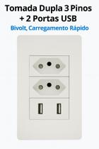 Tomada Dupla 3 Pinos + 2 Portas USB - Bivolt, Carregamento Rápido para Smartphone e Tablet Tomada Dupla 3 Pinos + 2 Portas USB - Bivolt, Carregamento Rápido para Smartphone e Tablet