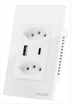 Tomada Dupla Inteligente 16A USB A C Branco Vidro Temperado