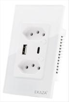 Tomada Dupla Inteligente 16A Usb A C Branco Vidro Temperado