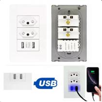 Tomada Dupla USB Branco TM05 Bivolt Carregador Rápido Tomada Dupla USB Branco TM05 Bivolt Carregador Rápido