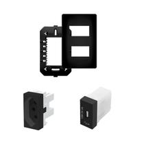 Tomada Padrão Preto 10A/250V + Módulo USB Placa 4x2 Para 2 Módulos - Fame