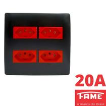 Tomada Padrão Quadrupla 2P+T 20A 4X4 Vermelha Com Placa Habitat Black FAME