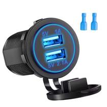 Tomada USB Veicular Dupla Carregador Rápido 12V 24V Cores:Azul