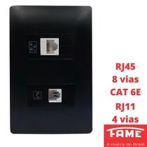 Tomada VD RJ11 4 Vias RJ45 CAT 6E 8 Vias Com Placa Habitat Black FAME
