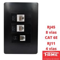 Tomada VD RJ11 4 Vias RJ45 CAT 6E 8 Vias Dupla Com Placa Habitat Black FAME