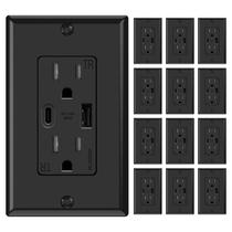 Tomadas de parede ELEGRP, pacote de 12 A, 15 A com portas USB A e C, pretas Tomadas de parede ELEGRP, pacote de 12 A, 15 A com portas USB A e C, pretas
