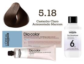 Tonalizante Dia Color 5.18 Castanho Claro Acinzentado Marrom + Emulsão Reveladora 6v L'Oréal Professionnel Tonalizante Dia Color 5.18 Castanho Claro Acinzentado Marrom + Emulsão Reveladora 6v L'Oréal Professionnel