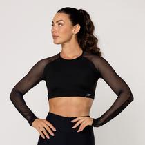 Top Academia Preto Feminino Cropped Suplex com Manga de Tela Top Manga Longa Elevate