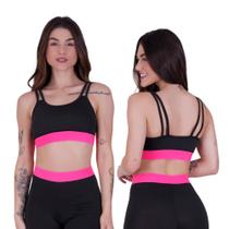 Top Alça Dupla Regata Com Forro Cropped Fitness Black Neon