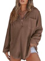 Top Astylish Waffle Knit, manga comprida, decote em V, café