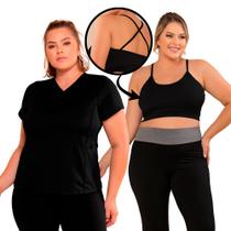 Top Básico Preto Camiseta Fitness 2 Peças Feminino Plus Size
