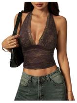 Top BEAUDRM Y2k, renda floral, gola única, sem encosto, marrom Top BEAUDRM Y2k, renda floral, gola única, sem encosto, marrom
