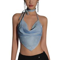 Top Blusa Curta Forrada Cropped Brilhoso Glitter Barra em V