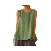 Top Casual Retro Sem Mangas De Algodão E Linho Para Mulheres, Tamanho Grande, Decote Redondo