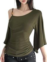 Top Chvity feminino com um ombro, manga de sino 3/4, manga em forma de sino, verde militar Top Chvity feminino com um ombro, manga de sino 3/4, manga em forma de sino, verde militar