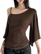 Top Chvity feminino de um ombro, mangas 3/4, manga em forma de sino, marrom