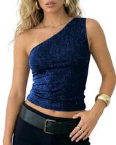 Top Cioatin Shimmer One Shoulder Crop Tank Sparkle Y2K Blue Top Cioatin Shimmer One Shoulder Crop Tank Sparkle Y2K Blue