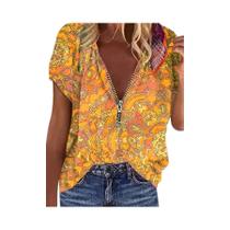 Top com zíper impresso para mulheres, manga curta, moda feminina Top com zíper impresso para mulheres, manga curta, moda feminina