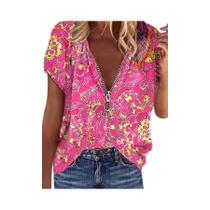 Top com zíper impresso para mulheres, manga curta, moda feminina Top com zíper impresso para mulheres, manga curta, moda feminina