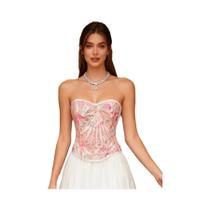 Top Corset Sem Alças Com Renda Tie-Dye Para Mulheres, Modelagem Slimming Com Detalhes Vazados