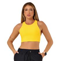 Top Cropped Academia Feminino Alças Médias Alta Compressão Gola Redonda Costas Nadador UV50+
