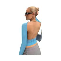 Top Cropped Azul Sem Costas Y2K Para Mulheres, Camiseta Casual De Manga Curta Vintage Com Recortes