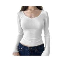 Top Cropped Branco Y2K Com Renda Floral, Ajuste Slim, Casual, Vintage, Manga Longa Para Mulheres Top Cropped Branco Y2K Com Renda Floral, Ajuste Slim, Casual, Vintage, Manga Longa Para Mulheres