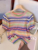 Top Cropped Casual De Manga Curta Com Decote Redondo Em Bloco De Cores Para Mulheres, Tricotado,