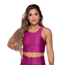 Top Cropped Cirrê Bolha 3D Feminino Bojo Removível Esporte Compressão Alças Finas Fitness Academia