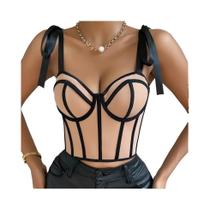 Top Cropped Com Alças De Fita Spice Girl, Estilo Patchwork Com Listras, Corset Bandage Estilo Top Cropped Com Alças De Fita Spice Girl, Estilo Patchwork Com Listras, Corset Bandage Estilo