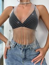 Top Cropped Com Decote Em V De Strass, Malha De Alta Elasticidade, Transparente, Com Corrente De