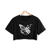 Top Cropped Com Estampa De Borboleta, Manga Curta, Gola Redonda, Mistura Macia, Micro Elasticidade, Top Cropped Com Estampa De Borboleta, Manga Curta, Gola Redonda, Mistura Macia, Micro Elasticidade,
