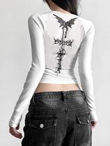 Top Cropped Corselet Gótico Grunge Vintage Feminino, Manga Longa, Camiseta Estampada Y2K Estética,