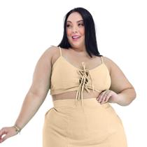 Top Cropped de 3 laços alças finas com regulador e bojo forrado internamente elastex nas costas em duna midsize G GG