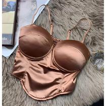 Top Cropped De Cetim Plissado Sexy Para Mulheres Com Almofada De Sutiã, Sem Costas, Casual, Camisola