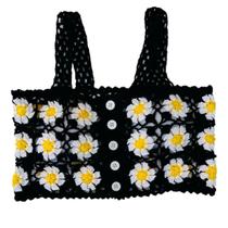 Top Cropped De Crochê Margarida Feito a Mão Azul Tendência das Blogueiras