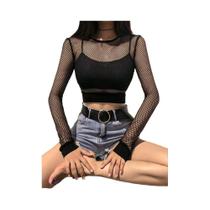 Top Cropped De Malha Preta Com Recortes Para Mulheres, Camiseta Sexy De Rede, Moda De Verão Básica Top Cropped De Malha Preta Com Recortes Para Mulheres, Camiseta Sexy De Rede, Moda De Verão Básica