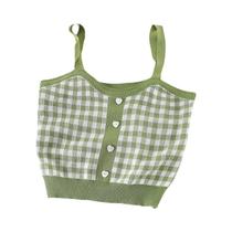 Top Cropped De Malha Xadrez Azul Para Mulheres Com Botões Linda Camisola De Verão Heliar