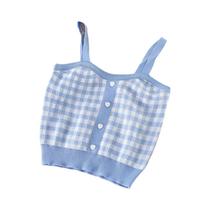 Top Cropped De Malha Xadrez Azul Para Mulheres Com Botões Linda Camisola De Verão Heliar