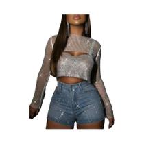 Top Cropped De Manga Longa Com Cristais E Strass Para Mulheres, Vestuário De Festa E Balada 2023