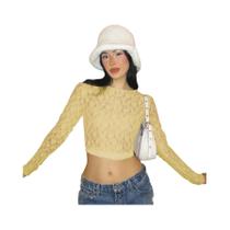 Top Cropped De Renda Transparente De Manga Longa Para Mulheres, Camiseta Sexy Bodycon Para Festa E Top Cropped De Renda Transparente De Manga Longa Para Mulheres, Camiseta Sexy Bodycon Para Festa E