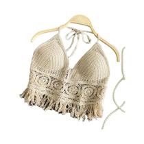 Top Cropped Feminino Boho De Crochê Com Alças Halter, Sem Mangas, Com Franjas E Costas Abertas, Para